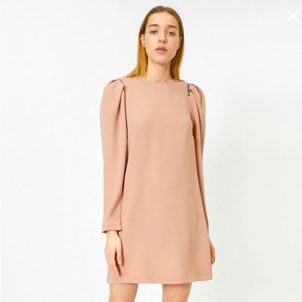 H&M blush pink puff sleeve beaded shoulder long sleeve mini dress small - Picture 3 of 6